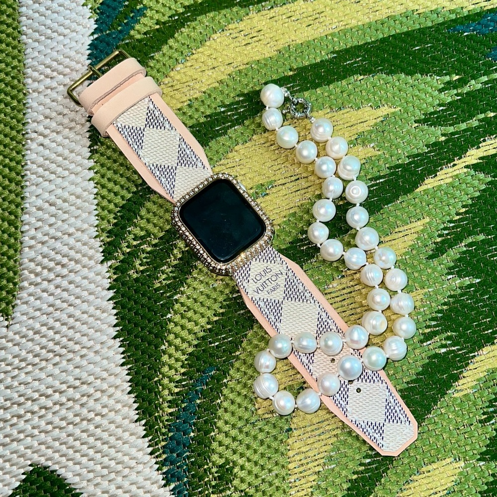 🌸 Vachetta leather Apple Watch band Damier Azure handmade - Picture 8 of 16